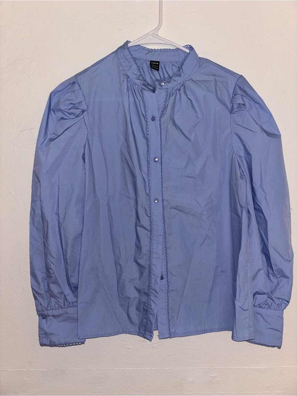 SHEIN Light Blue Ruffled Collar Button-Down Shirt